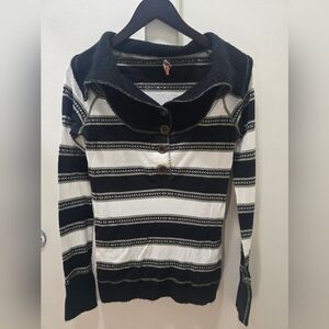 Free People Black and White Striped Cowl Neck Sweater